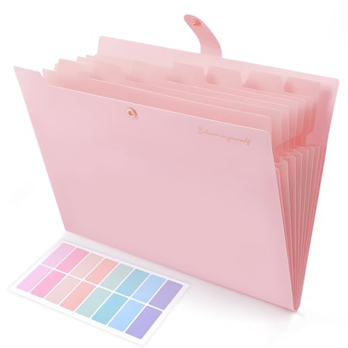 SKYDUE Pink Expanding File Folder with 8 Pockets - A4/Letter Organizer for Office & School