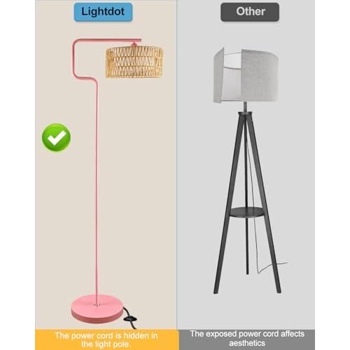 Lightdot 62IN Arc Rattan Floor Lamps for Living Room, Boho Standing Lamp with Rattan& Linen Double Lampshades, E26 3000K Soft Warm White Bohemian Caged Floor Lamp for Bedroom, Office-Pink