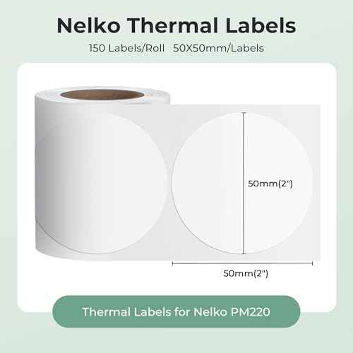 Thermal Labels for Nelko PM220 Label Maker, 2 inch (50mm) Round Thermal Label, Waterproof, Multi-Purpose Tab Tape, 1 Roll of 150 Self-Adhesive Thermal Paper (White)
