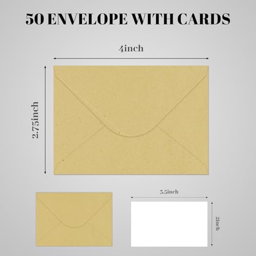 50 Pack Brown Gift Card Envelopes 4x2.75 Inches with Blank Cards - Rinrda