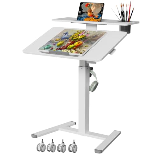 White 28-Inch Mobile Standing Desk with Tiltable Top & 2-Tier Shelves