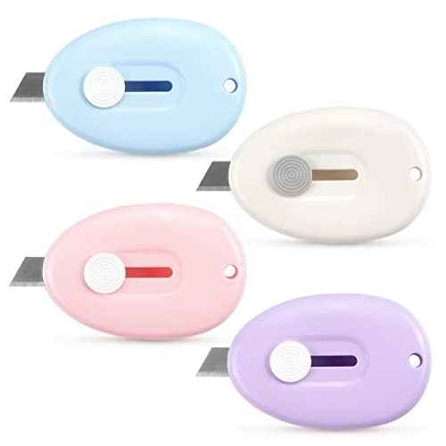 Tamaki 4 Pack Mini Box Cutter Retractable Utility Knife Letter Opener Envelope Slitter, Box Cutter with Key Chain Hole (Blue, Pink, Purple, White)