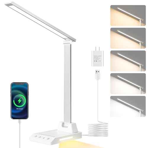 ShineTech LED Desk Lamp for Home Office, Dimmable Desk Light with 25 Lighting Combinations and USB Port, Memory and Timer Folding Reading Light for Study Nightstand, White