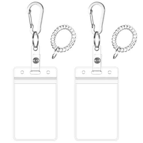 Wrist Coil ID Badge Holder with Multitool Aluminum Carabiner Clip,Stretchable Spiral Wristband Key Ring,for Lanyard Outdoor Camping Cruise (Clear Vertical, PVC)
