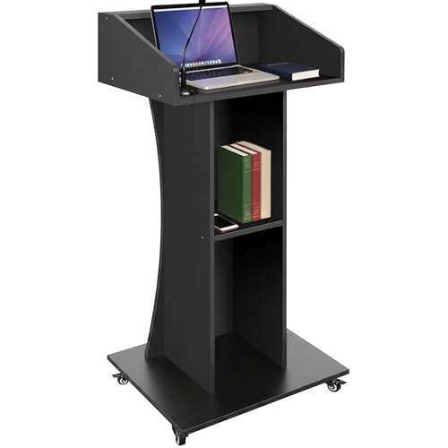 Verssure Podium Stand with Lockable Wheels (47 H) Black – Wooden Lectern with 3 Storage Shelves