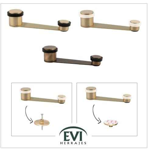 EVI Herrajes | Door Swivel Retainer Stop | Useful Hole 70 mm Thick | Black Rubber | Matte Finish Brass | Adhesive Fixing or with Screw+Dowel | Mod. I-152DUALLMT