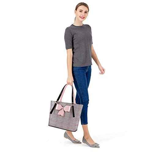 MOSISO Laptop Bag for Women Compatible with MacBook, 17-17.3 inch Notebook and Chromebook, PU Leather Large Capacity Travel Briefcase with Bowknot Grid MO-GID001GYPK