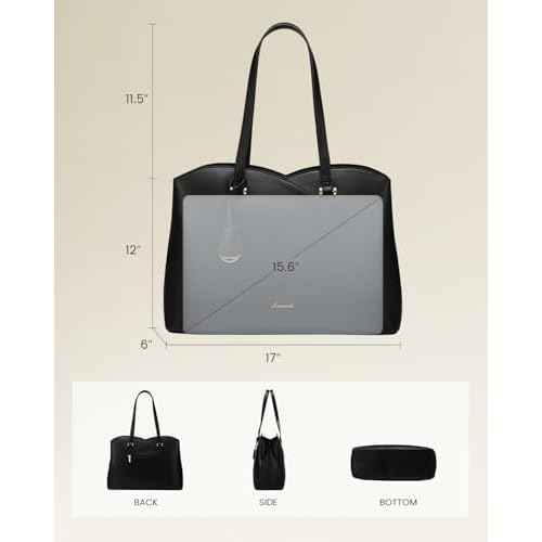 LOVEVOOK 17 Inch Laptop Tote Bag for Women, Work Bags Laptop Bag Teacher Tote Bag, Leather Computer Bag Large Purses Handbag Professional Briefcase, Black