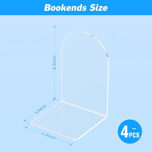 4 Pack Clear Acrylic Bookends – Heavy Duty, Non-Slip L-Shaped Book Holders for Home & Office