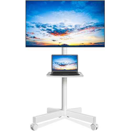 Rfiver Mobile TV Stand for 23-60 Inch LCD LED Flat/Curved Panel Screen TVs up to 88 lbs, Rolling TV Stand with Adjustable Shelf & Tilt, Portable Floor Stand on Wheels for Bedroom, Living Room, White