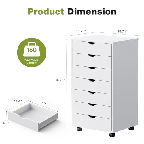 DUMOS 7 Drawer Vertical File Cabinet Mobile Filing Storage Dresser with Wheels Rolling Under Desk Printer Stand Wood Organizer for Office Home Bedroom, White