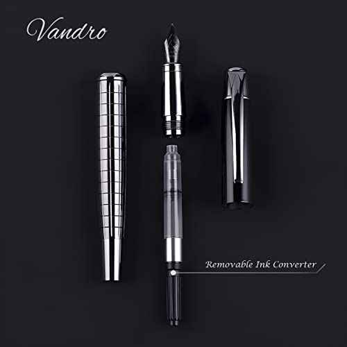 Vandro Complete Luxury Fountain Pen Set - Comfortable Grip with Smooth Fine Nib - Includes 10 Pack Ink Cartridges, Black Ink Bottle, Refill Converter & Gift Box - Black