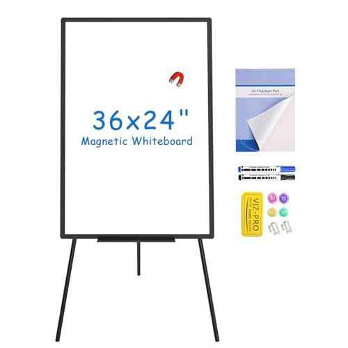 VIZ-PRO Magnetic Whiteboard Easel Black, 36 x 24 Inches, Portable Dry Erase Board Height Adjustable for School Office and Home