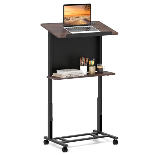 Tangkula Walnut 3-Position Height Adjustable Rolling Podium/Lectern with Tilted Tabletop