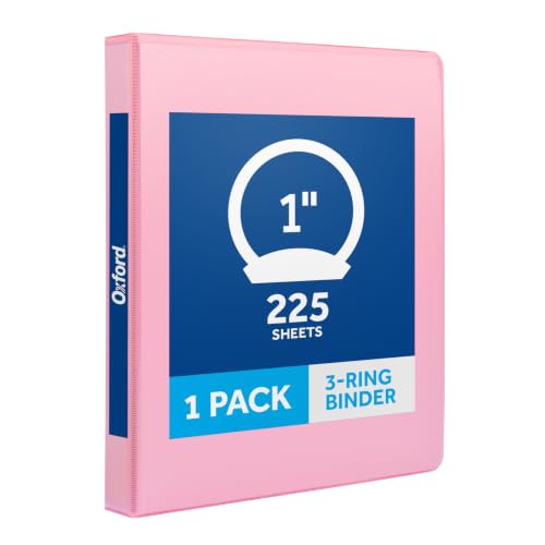Oxford Pink 1 Inch 3 Ring Binder - Holds 225 Sheets, 2 Pockets, Customizable Cover