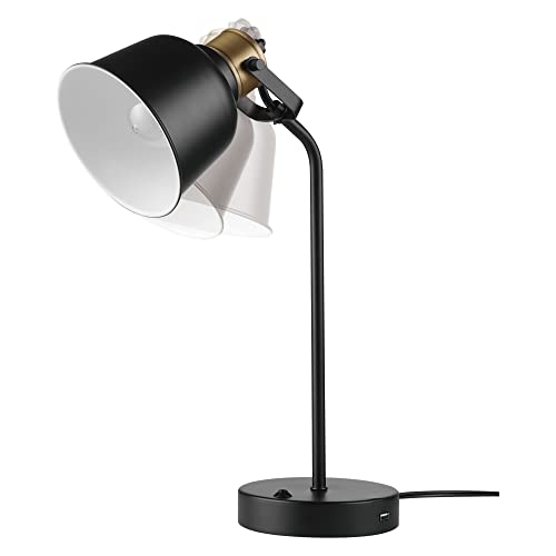 GLOBE Electric 30297 Dakota 18" Desk Lamp with 2.1 USB Port, Matte Black, Brass Accents, Push Button On/Off Switch