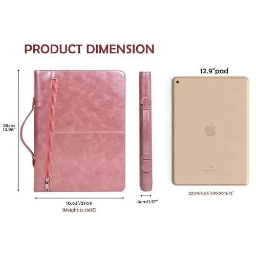AZXCG Portfolio Binder, Pink Portfolio with Handle and Zipper,Leather Padfolio for Women,Professional Business Portfolio Organizer,A4 Notepad Holder, Gift for Girls and Women