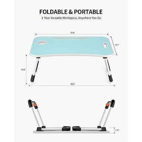 Foldable Laptop Table, Portable Lap Desk Bed Table Tray, Laptop Stand with Cup Holder & Tablet Slot & Lifting Handle for Working Writing Drawing & Eating (Blue)