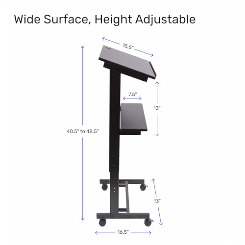 S Stand Up Desk Store Mobile Adjustable Height Lectern Podium – Black Frame, Black Shelves