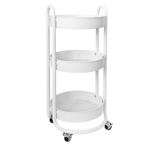 HOMESTEAD Round Rolling Side Table Cart, 3 Tier Metal Utility, 60 lb Heavy Duty, 15¡È Diameter, Lockable 360¡Æ Casters, Powder-Coat Storage for Kitchen, Bedroom, Office, Bath 15.7" x 14.9" x 31.5" White