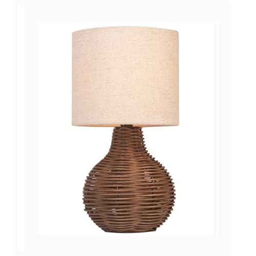 Rattan Table Lamp, Decorative Nature Table Lamp with E12 Socket, Beige Linen Lampshade, Retro Lamp for Living Room, Children's Room, Bedroom Decoration