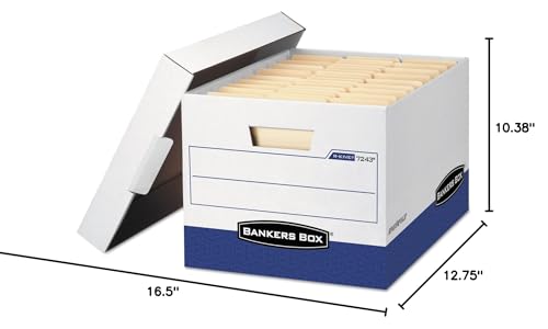 Bankers Box 12 Pack R-KIVE Heavy-Duty File Storage Boxes, FastFold, Lift-Off Lid, Letter, White/Blue