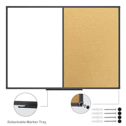 JILoffice White Board & Bulletin Corkboard Combination, Combo Board 48 x 36 Magnetic Whiteboard, Black Aluminum Frame Wall Mounted Board for Office Home and School with 10 Push Pins