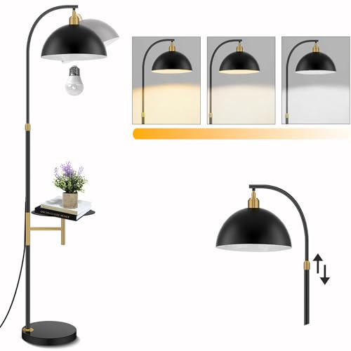 Floor Lamp with table Industrial Adjustable Height Arc Floor Reading Lamp with Shelves End Table Floor Lamp for Living Room Arc Black Standing Reading Lamp with Tray for Bedroom Office (Black White)