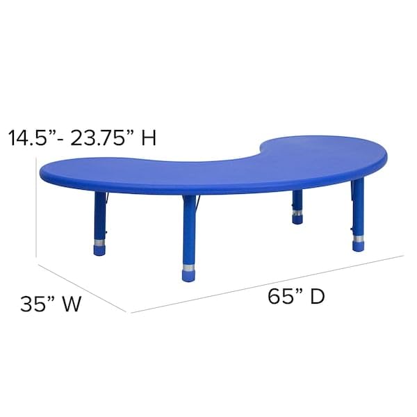 Flash Furniture 35''W x 65''L Half-Moon Blue Height Adjustable Activity Table - 8-Seat Classroom