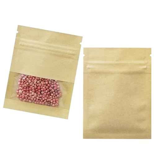 FERENLI 100 Pack 2.8x3.5 inch Small Resealable Seed Coin Envelopes Bags with Clear Window Brown Kraft Paper Heat Seal Packets for Flower Vegetable Seeds Storage Party Favor Pet Food Sample Bag