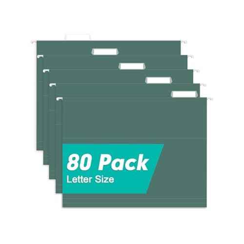 HERKKA Hanging File Folders, 80 Pack Reinforced Letter Size Hanging Folders with Heavy Duty 0 Inch Expansion, Designed for Bulky Files, Medical Charts, 1/5-Cut Adjustable Tabs, Green