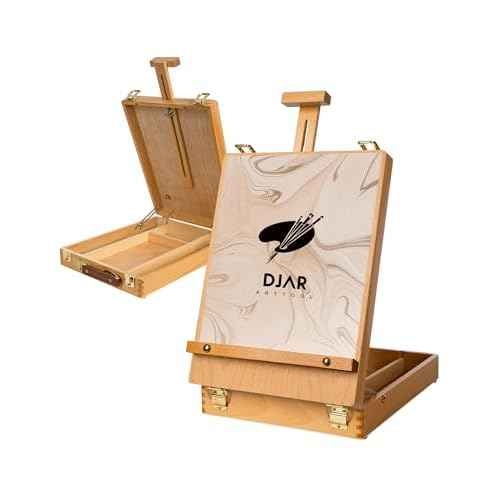 DJAR Tabletop Easel for Painting, Solid Beech Wood Adjustable Sketchbox Desktop Art Easel, Art Supplies Storage Box for Adults, Artists and Students, Natural