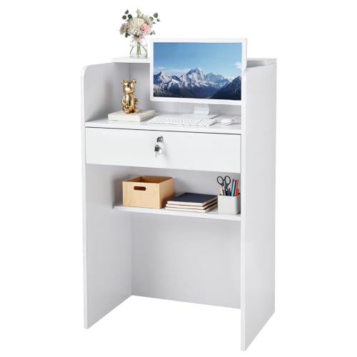 White Reception Desk with Lockable Drawer - Modern Office Counter Table 23.6"
