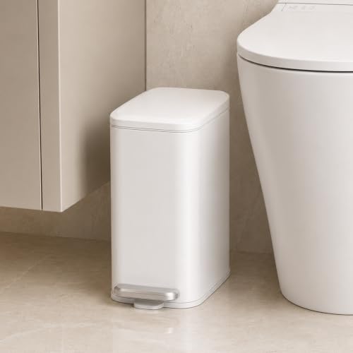 Cesun White Slim Bathroom Trash Can with Lid, Soft Close, 6L/1.6 Gallon