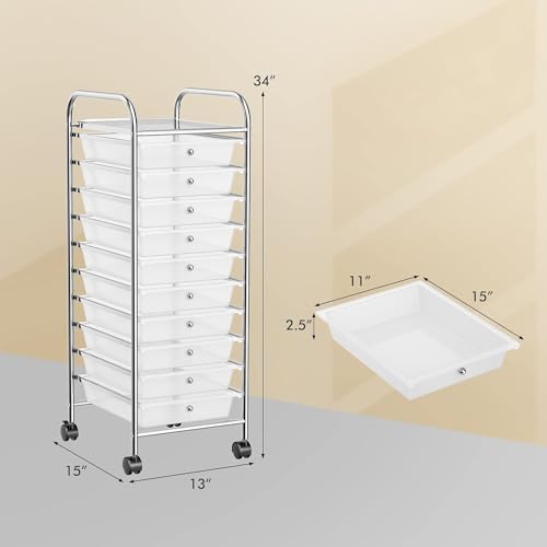 LDAILY Rolling Cart with Drawers, 10-Drawer Classroom Storage - Clear