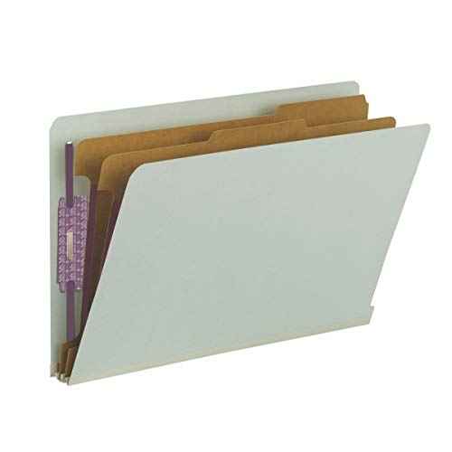Smead 100% Recycled End Tab Pressboard Classification File Folder with SafeSHIELD Fasteners, 2 Dividers, 2" Expansion, Legal Size, Gray/Green, 10 per Box (29810)