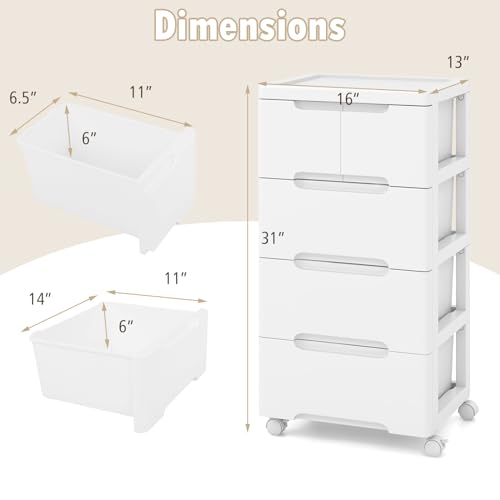 Giantex 16" x 13" x 31" 5-Drawer Rolling Storage Cart on Wheels, White Plastic Organizer