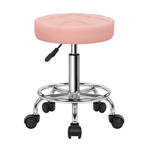 KKTONER Pink Adjustable Swivel Drafting Stool with Wheels, PU Leather Office Chair