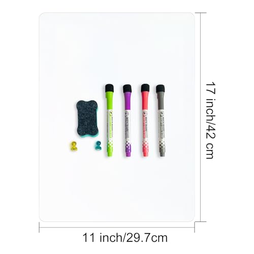 Magnetic Dry Erase Whiteboard Fridge White Board Sheet 17x11 with 4 Markers, 1 Magnetic Eraser and 2 Magnets, for Wall, Easy to Write and Clean Dry Erase Board for Kids, Office, Home