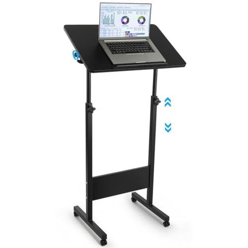 Joyoolife Black Portable Podium Stand with Rolling Wheels Lectern, Adjustable Height