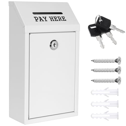 White Metal Lockbox Donation Box with Lock Wall Mount for Home Office Outdoor 10.24 x 5.71 x 2.95 Inch