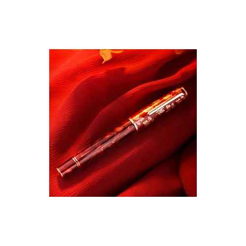 Hongdian N8 Red Acrylic Fountain Pen, Long Blade Fine Nib Rose Gold Trim Maple Leaves Carving Cap, Smooth Writing Pen with Converter and Metal Pen Box Set