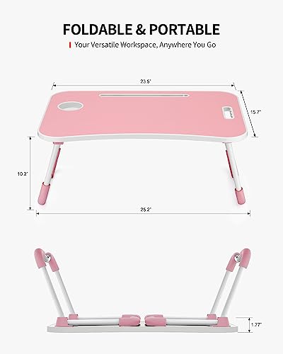 Pink Foldable Laptop Desk with Cup Holder & Tablet Slot - Portable Bed & Office Stand