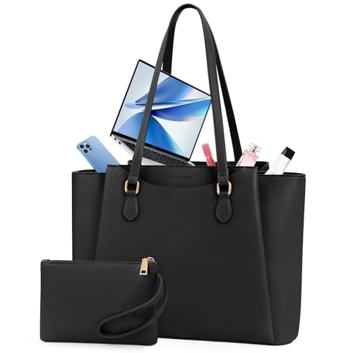 RAINSMORE Laptop Bag for Women 15.6 Inch Work Tote Bags Waterproof Computer Bags Leather Professional Laptop Purse Womens Laptop Briefcase Large Handbag for Office Teacher Travel, Black