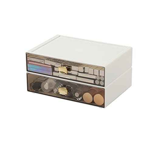 Spacious Desktop Storage Box, 2 Large Storage Drawers, Stackable Office Desk Drawer Organizer and Accessories, Printer Paper Organizer, White Plastic Drawers for Workspace