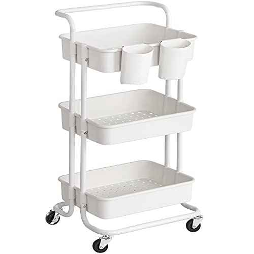 SONGMICS Rolling Cart, 3-Tier Storage Cart, Storage Trolley with Handle 2 Small Organizers, Steel Frame, Plastic Baskets, Utility Cart, Easy Assembly, for Bathroom Laundry Room, White UBSC067W01