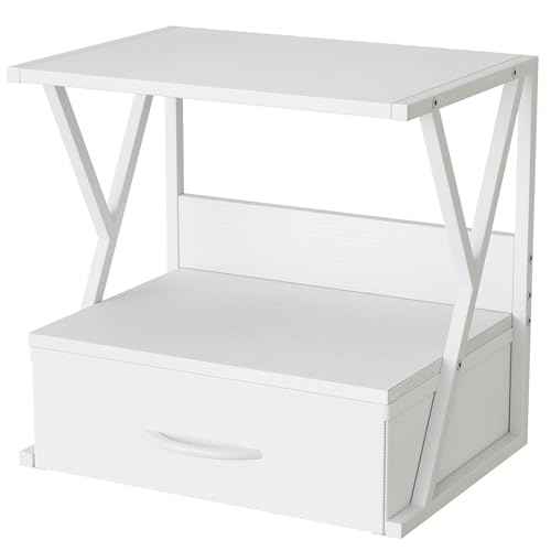 aboxoo Printer Stand for Desk with Storage Drawer, 2 Tier Desktop Or UnderDesk Shelf, Multi-Purpose Desk Organizer for Home Office, fit Fax Machine/3D Printer/Scanner, White