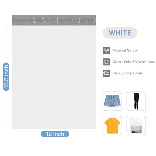 White Poly Mailers 12x15.5 inches - 100 Pack Shipping Bags for Clothes