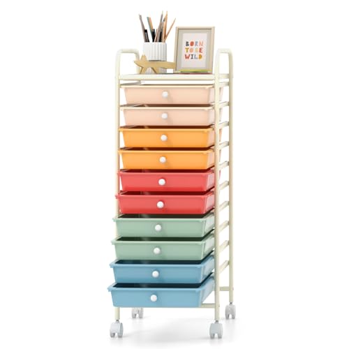 GOFLAME 10-Drawer Mobile Utility Cart with Lockable Wheels, Macaron Color - 13.5 x 10 x 2 inch Drawers (No Wood Top)