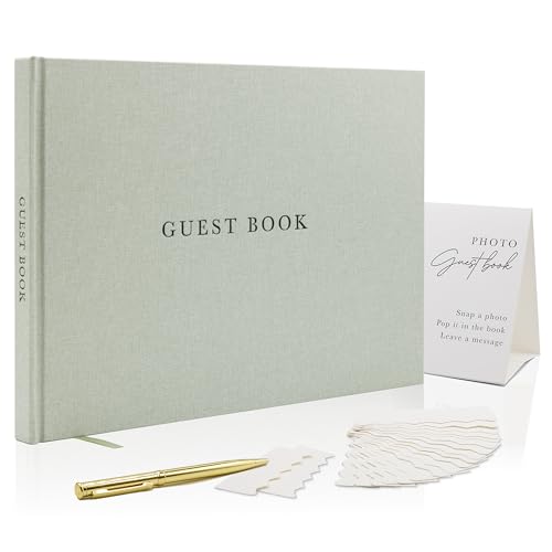 Real Linen Guest Book Set (Leaf) 11.5 x 8.5 with Embossed Cover, Sign Pen, 30 Photo Pockets, 120 Pages